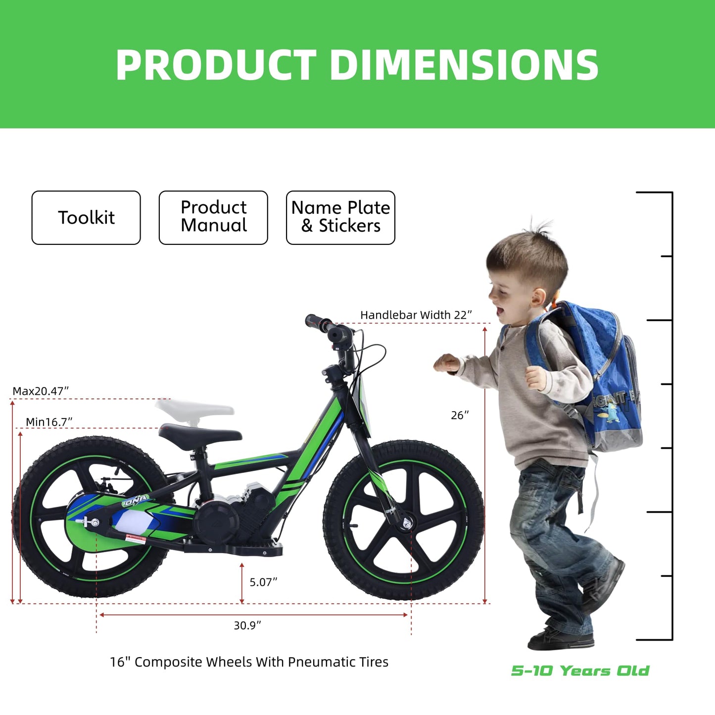 OLALA Electric Dirt Bike for Kids Aged 5-10, 340W Racing Grade Electric Motorcycle with Aluminum Frame, Up to 12MPH & 3 Speed Settings, Safe Disc Brakes, 16IN Knobby Tires