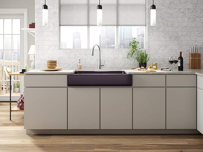 KOHLER K-25784-CM8 Cairn 34" Neoroc Composite Undermount Single-Bowl Kitchen Sink, Farmhouse Kitchen Sink with Short Apron, Matte Black Plum