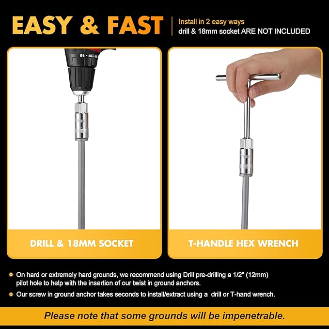 Hiboom Ground Anchor Screw Heavy Duty Earth Anchors Tent Stakes for High Wind with T Handle Hex Wrench Trampoline Hook Ground Stakes for Camping Canopies Car Ports Sheds (10 Pcs,Silver,12 Inch)