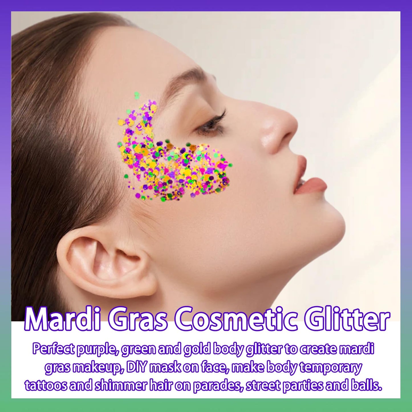 Allstarry Mardi Gras Face Glitter, 4 Colors Chunky Body Glitters Purple Green Gold Face Glitter Eyeshadow Makeup Hair and Eye Glitter Mardi Gras Accessories for Women Mask Balls Street Parties