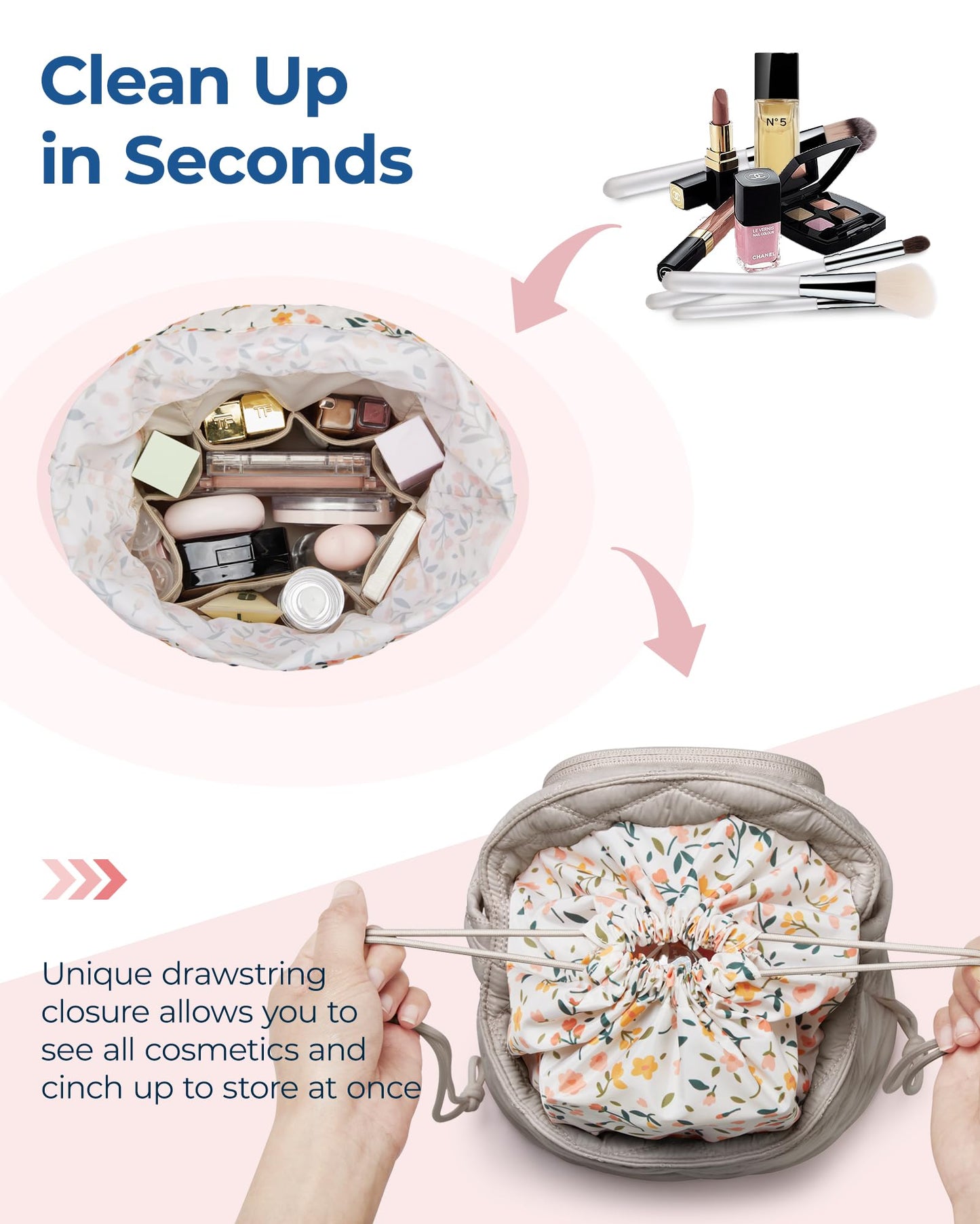 BAGSMART Barrel Drawstring Makeup Bag, Travel Toiletry Bag, Large Cosmetic Bag, Portable Make Up Bags for Women Toiletries Accessories Brush, Khaki