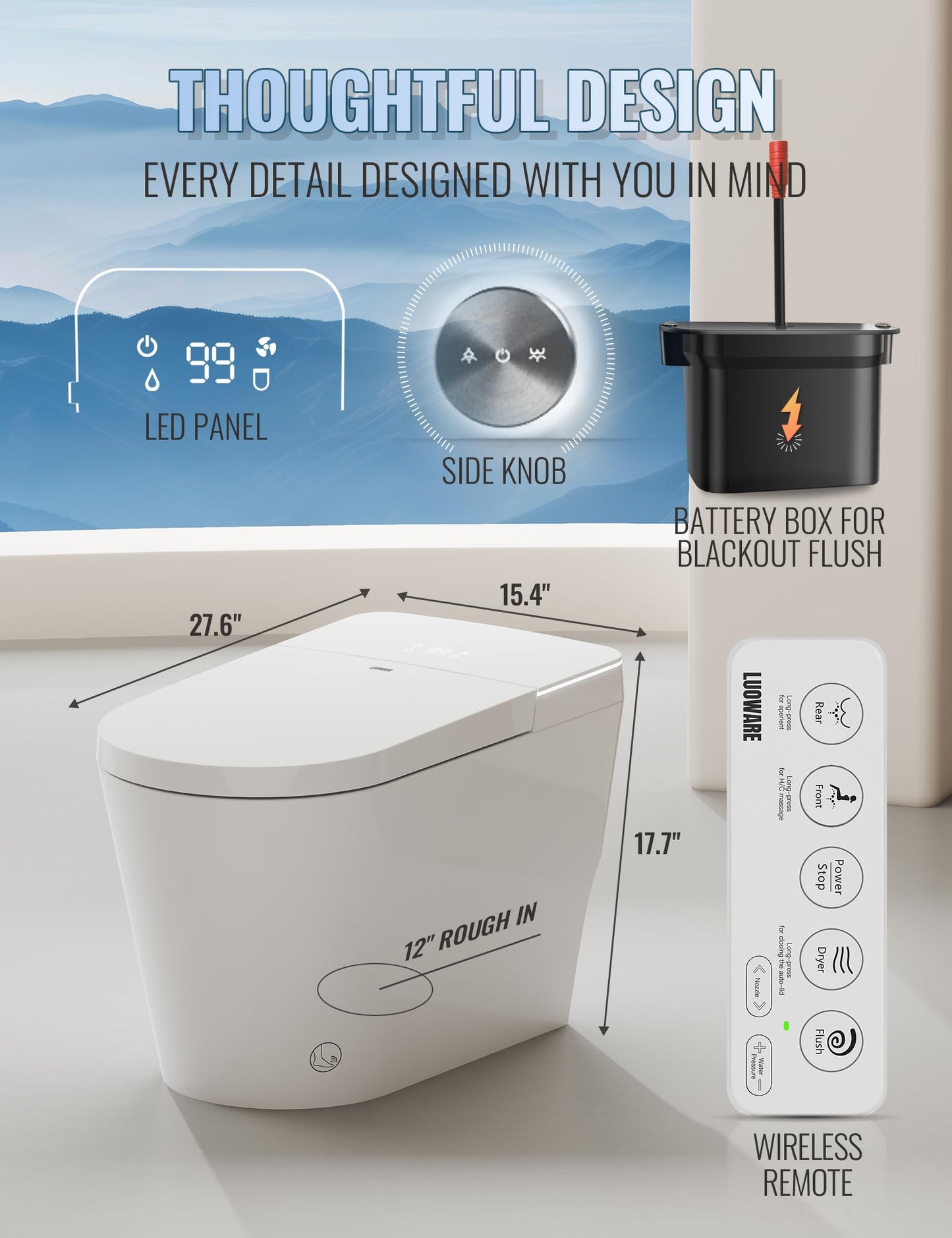 Luoware Smart Toilet with Bidet Built in, Auto Open/Close, Foam Shield, Foot Sensing Operation, Built-in Tank & Pump-Assisted Auto Flush, Wider Heated Seat, Luxury One Piece Elongated Bidet Toilet