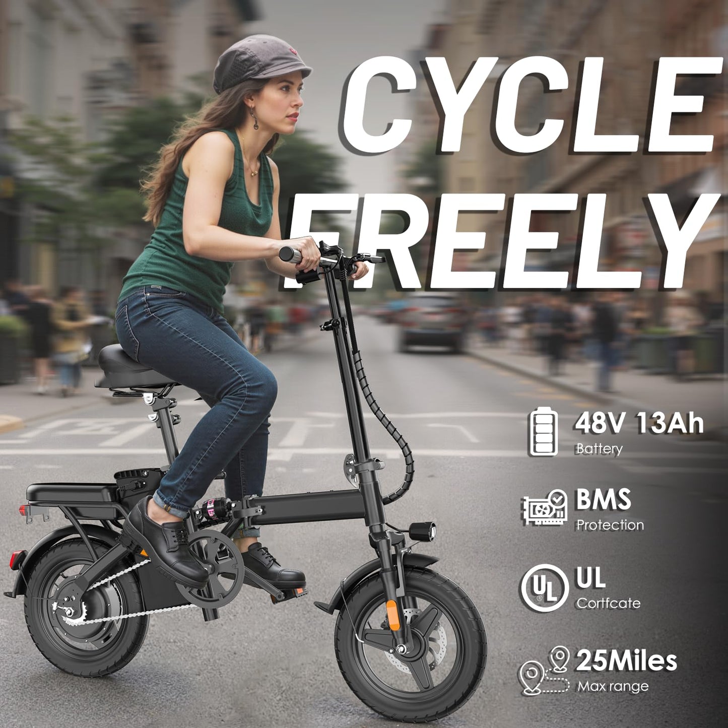 RPINT Electric Bike for Adults 500W/750W Peak Motor, 14" Folding E Bike with 48V 10Ah Removable Battery, Electric Bicycles with 25 Miles PAS Range, Foldable Mini E-Bikes for Teens (E14 Black)