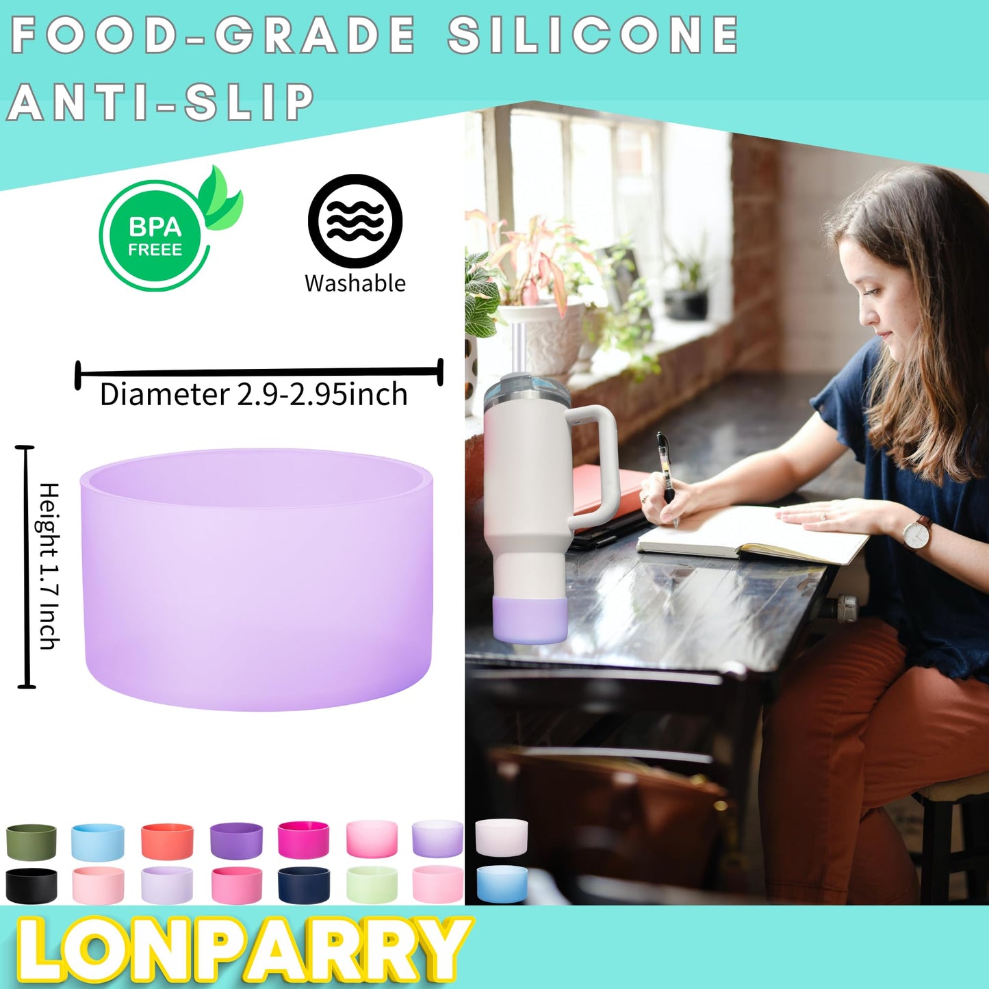 LONPARRY 4-Pack Silicone Boot for Stanley Cup Quencher IceFlow Rubber Bottom Sleeve Protector for Stanley Tumbler HydroFlask Owala Car Travel Cup Bottle Bottom (Clear+Fog+Purple+Clear Purple)
