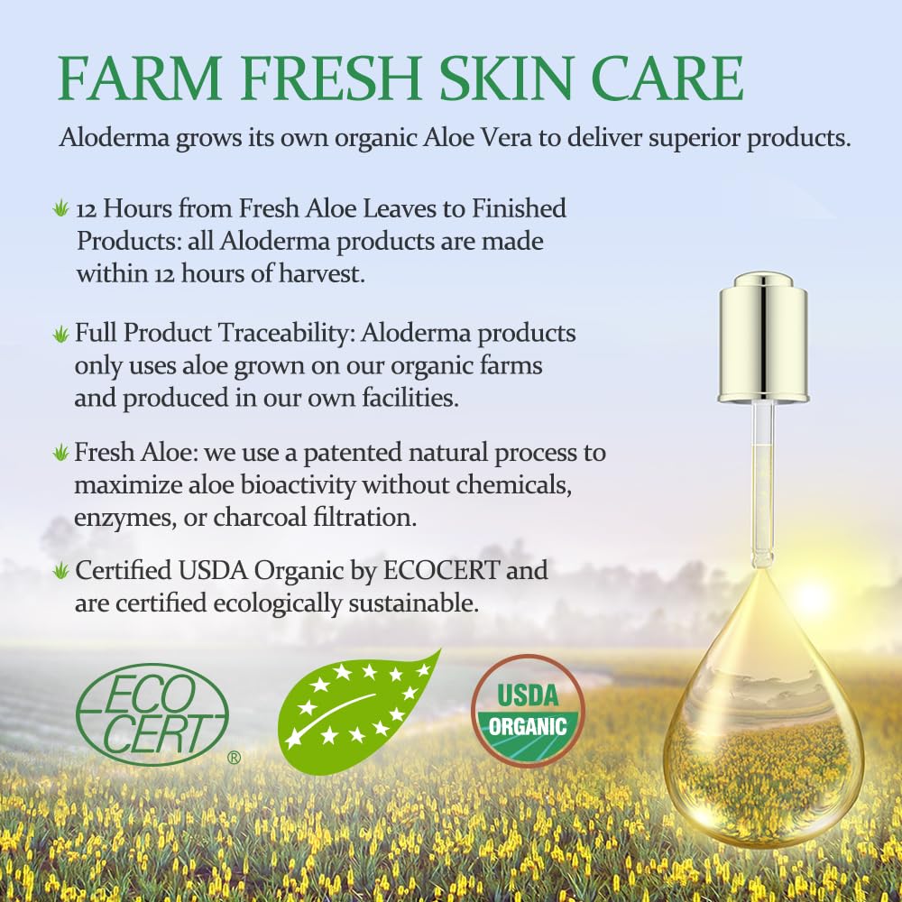 Aloderma 99% Organic Pure Aloe Vera Gel Made within 12 Hours of Harvest, Large 17.6oz Pump Bottle, Lightweight Non-Sticky Aloe Gel for Sunburn Relief, Natural, Soothing Aloe Vera for Face & Hair