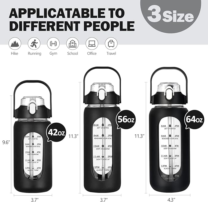 kytffu 56oz Glass Water Bottles with Straw, Motivational Glass Bottle with Silicone Sleeve and Time Marker, Leakproof Large Glass Water Jug for Gym Home Office, Black.