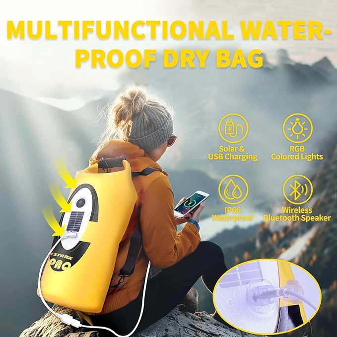 Solar Dry Bag Backpack 10L,Built-in Bluetooth Speaker & LED(4 Lighting Modes),Solar or USB Rechargeable,IP66 Waterproof Floating