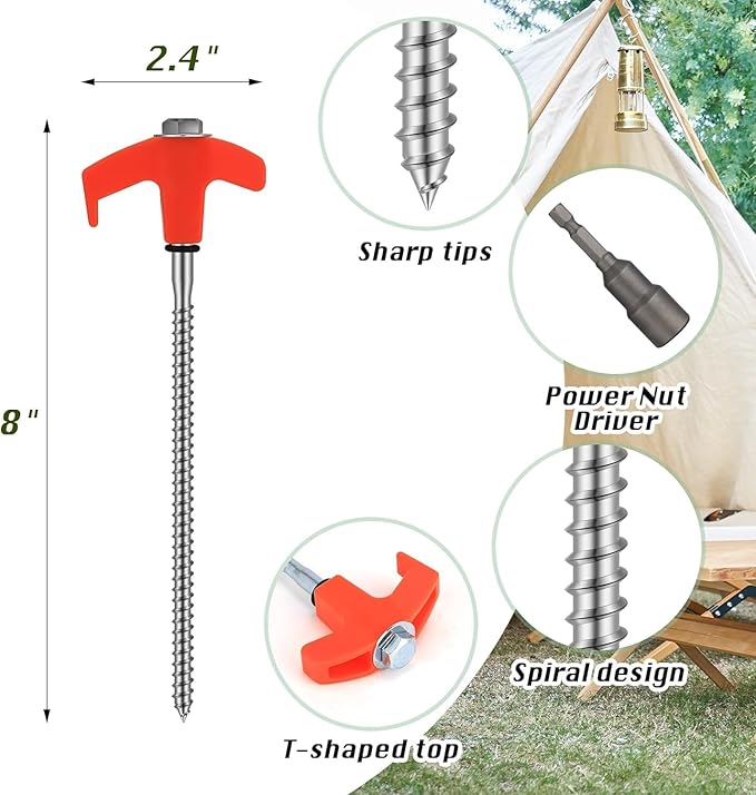 4PCS 8" Screw in Tent Stakes, Tent Stakes Heavy Duty, Ground Anchors Screw in with 1 Hex Head Driver, Metal Threaded Tent Spikes, Tent Pegs Camping Stakes for Outdoor Camping Garden Inflatable