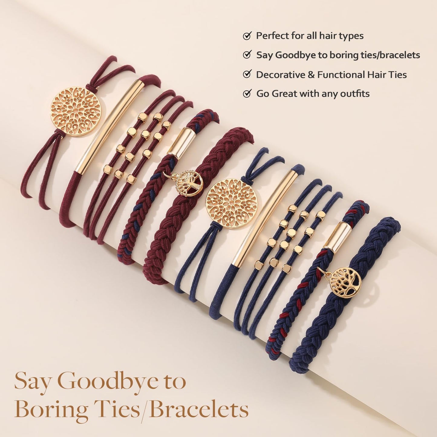 10 PCS Hair Ties Bracelets, Boho Hair Ties for Thick & Thin Hair, Cute Stretch Bracelets, Braided Hair Ties for Ponytail Holders, 5 Styles Hair Ties No-Damage, Blue