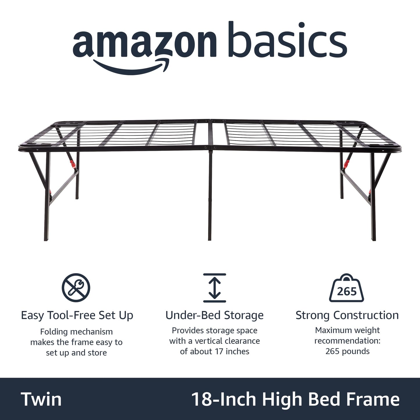 Amazon Basics Bed Frame with Storage, Foldable Metal Platform, Sturdy Steel, No Box Spring Needed, 18 inches High, Tool-Free Setup, Twin Size, Black