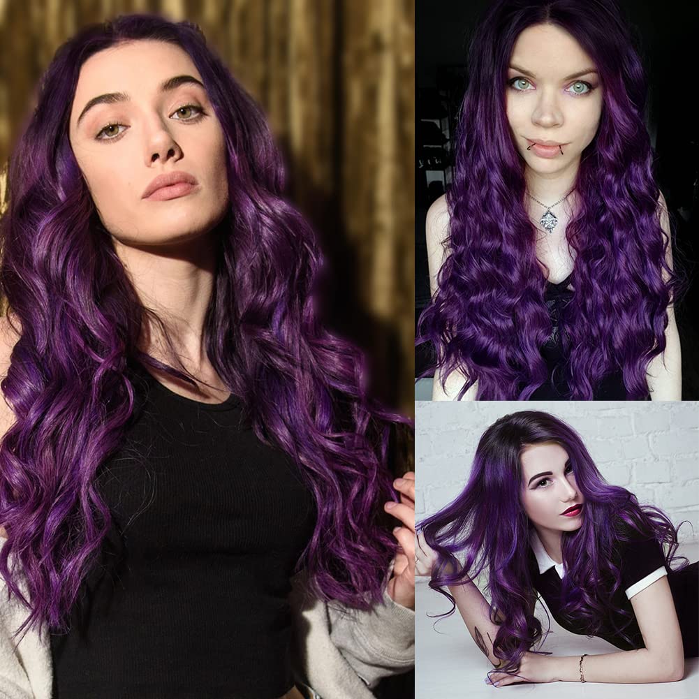 Amnenl Ombre Purple Curly Women Wigs Long Wave Dark Roots Middle Part Synthetic Wigs for Halloween Cosplay Wig