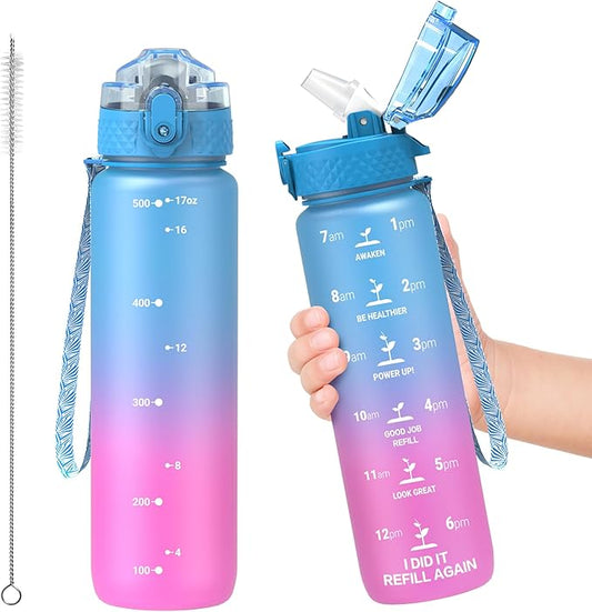 OLDLEY Kids Water Bottle for School, 17 oz (Straw Lid) BPA-Free Reusable Leak-proof Durable Tritan Plastic Water Bottles with One-handed Opening Straw Lids, Anti-dust Spout Cover (Lake)