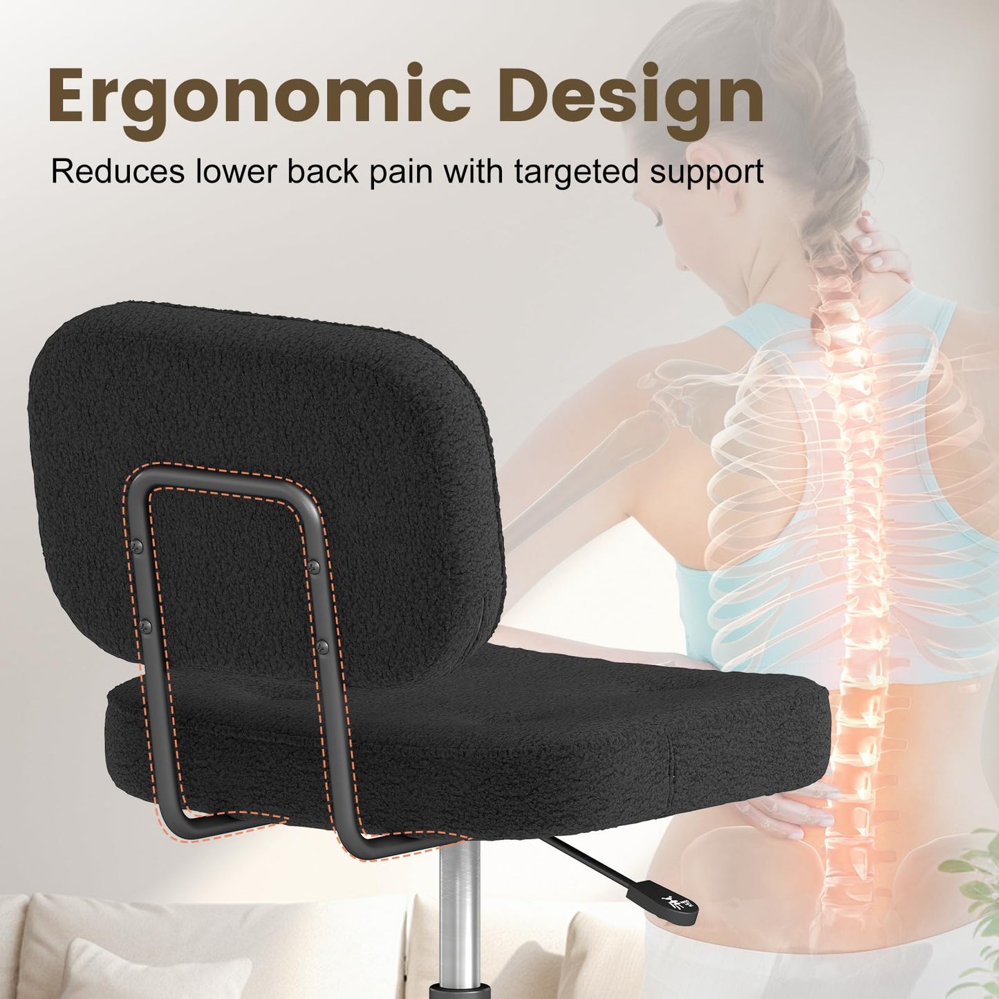 AnyGod Teddy Fleece Armless Home Office Desk Chair, Small Ergonomic Task Chair for Adults and Students, Low Back Seating with Swivel, Adjustable Height, Rolling Wheels - Black