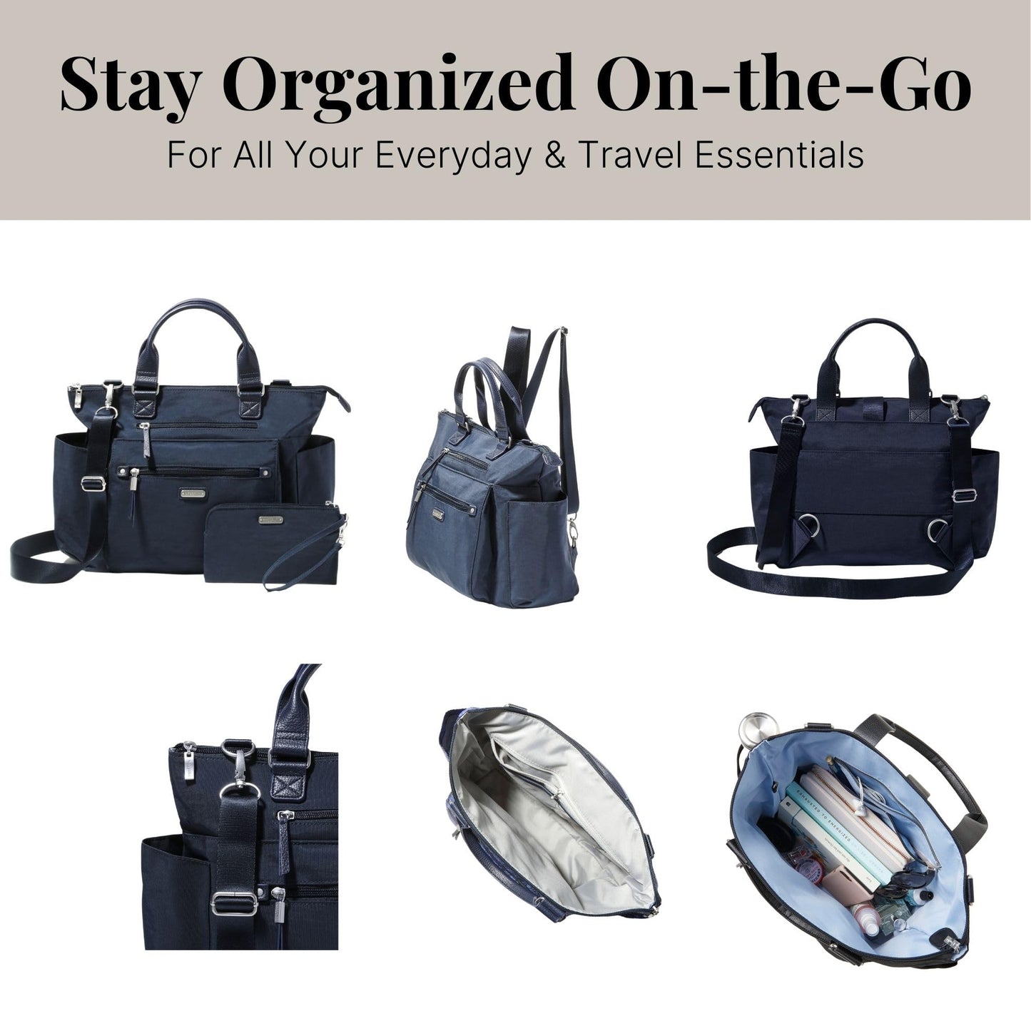 Baggallini 3-in-1 Convertible Backpack with RFID Phone Wristlet French Navy One Size