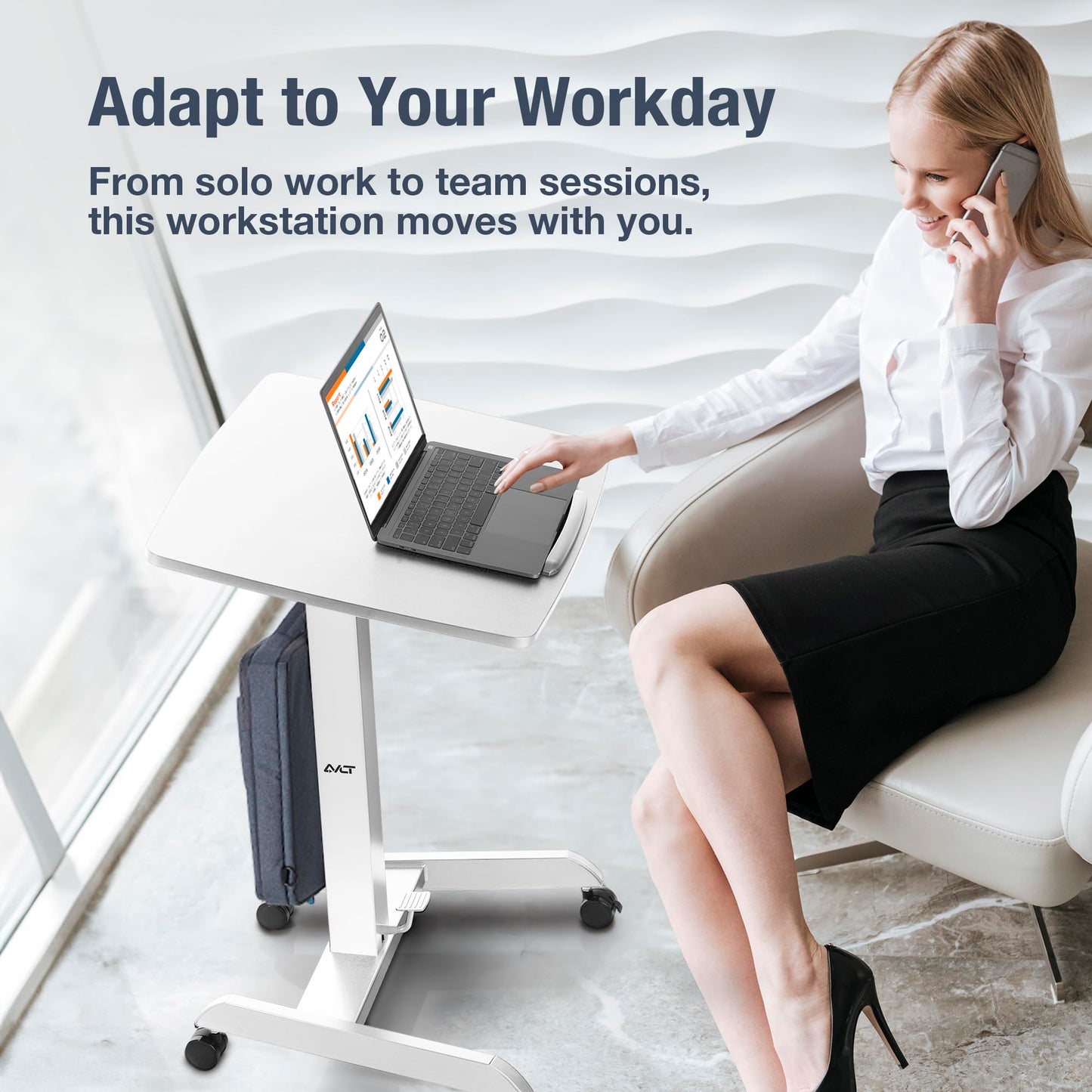 AVLT 47" Height Adjustable Mobile Workstation with Tilting Desk (3 ft 11 inches) - Foot Pedal Pneumatic Standing Desk Cart - Mobile Laptop Cart - Mobile White Cart with Brake Casters