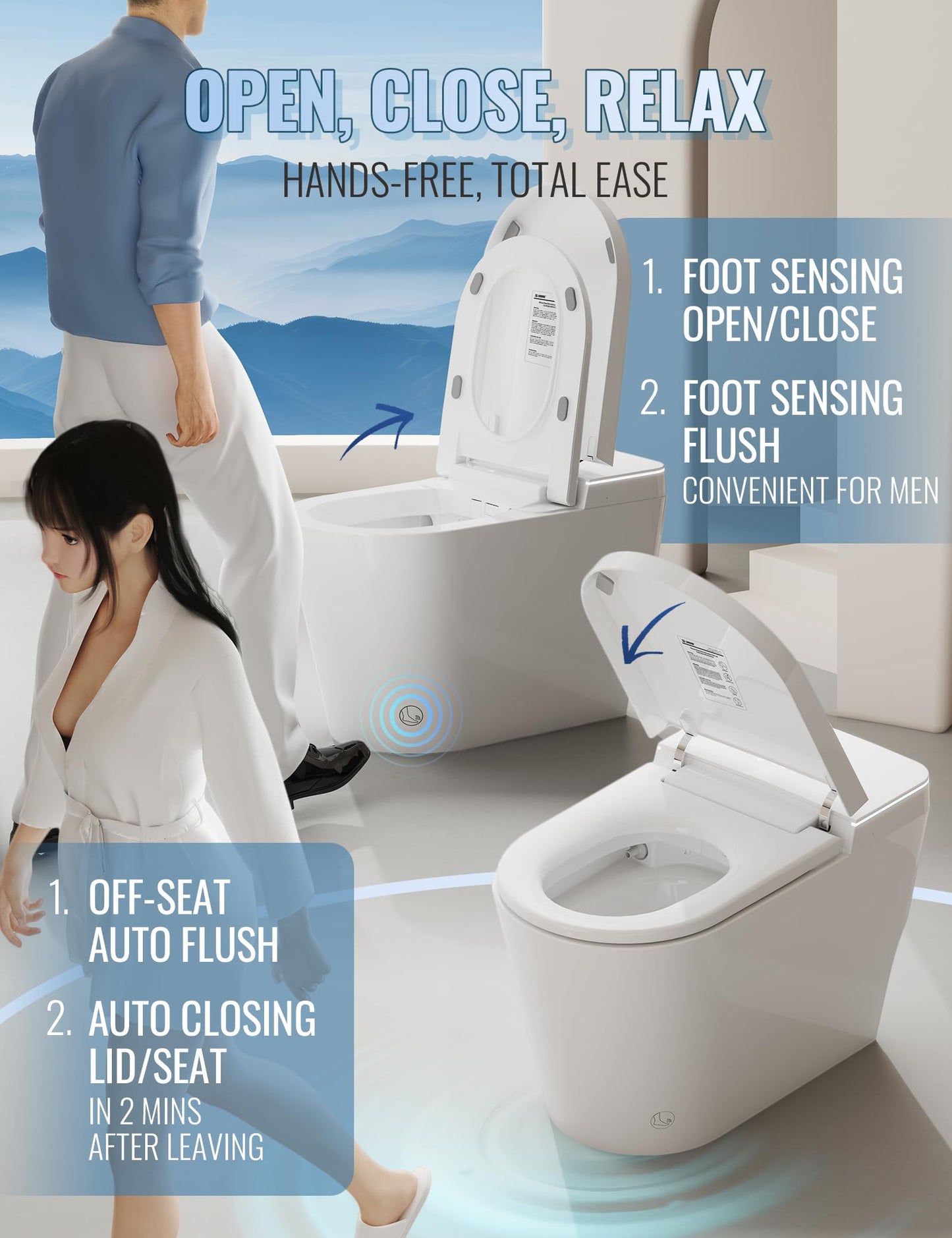 Luoware Smart Toilet with Bidet Built in, Auto Open/Close, Foam Shield, Foot Sensing Operation, Built-in Tank & Pump-Assisted Auto Flush, Wider Heated Seat, Luxury One Piece Elongated Bidet Toilet