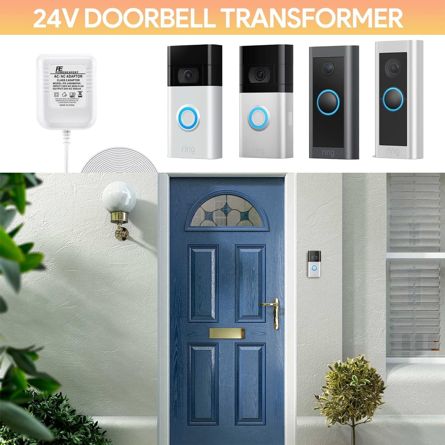 Doorbell Transformer 24V Adapter for Ring Video Doorbell, 16.4ft Long C Wire Power Supply, Compatible with Ring, Nest Hello, Wyze and Eufy Video Doorbells