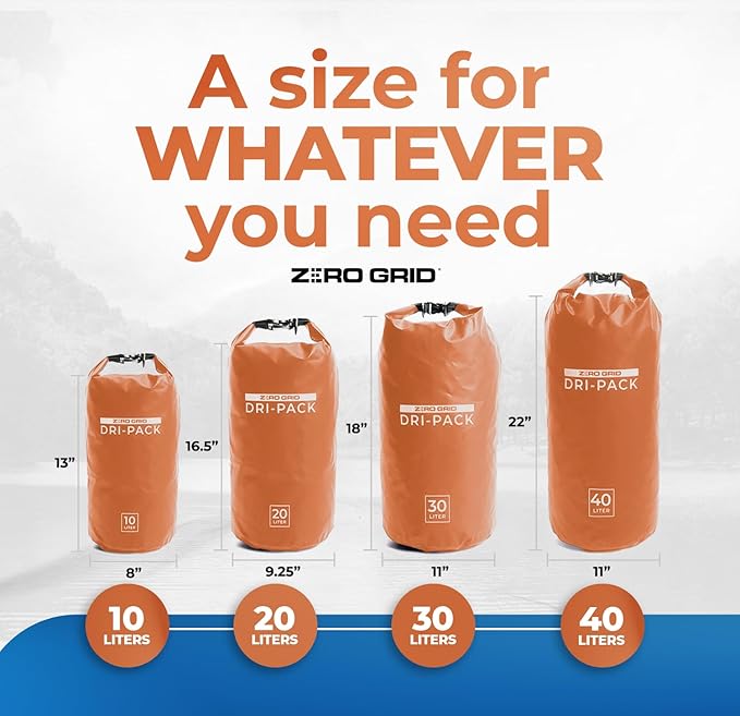 Zero Grid Waterproof Dry Bag - Floating Roll Top Drybag Keeps Dry 10L/20L/30L/40L Sizes for Backpacking, Kayaking, Boating, Camping, Fishing, Hiking, Made from Tough 500D Material