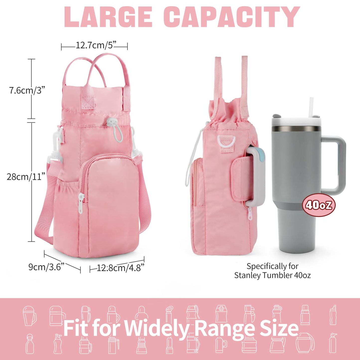 ECEEN Water Bottle Holder with Strap, Water Bottle Carrier Bag for Stanley 32oz/40 oz with Handle, Insulated Water Bottle Sling Bag for Walking with Phone Pouch, Water Bottle Purse Accessories (Pink)