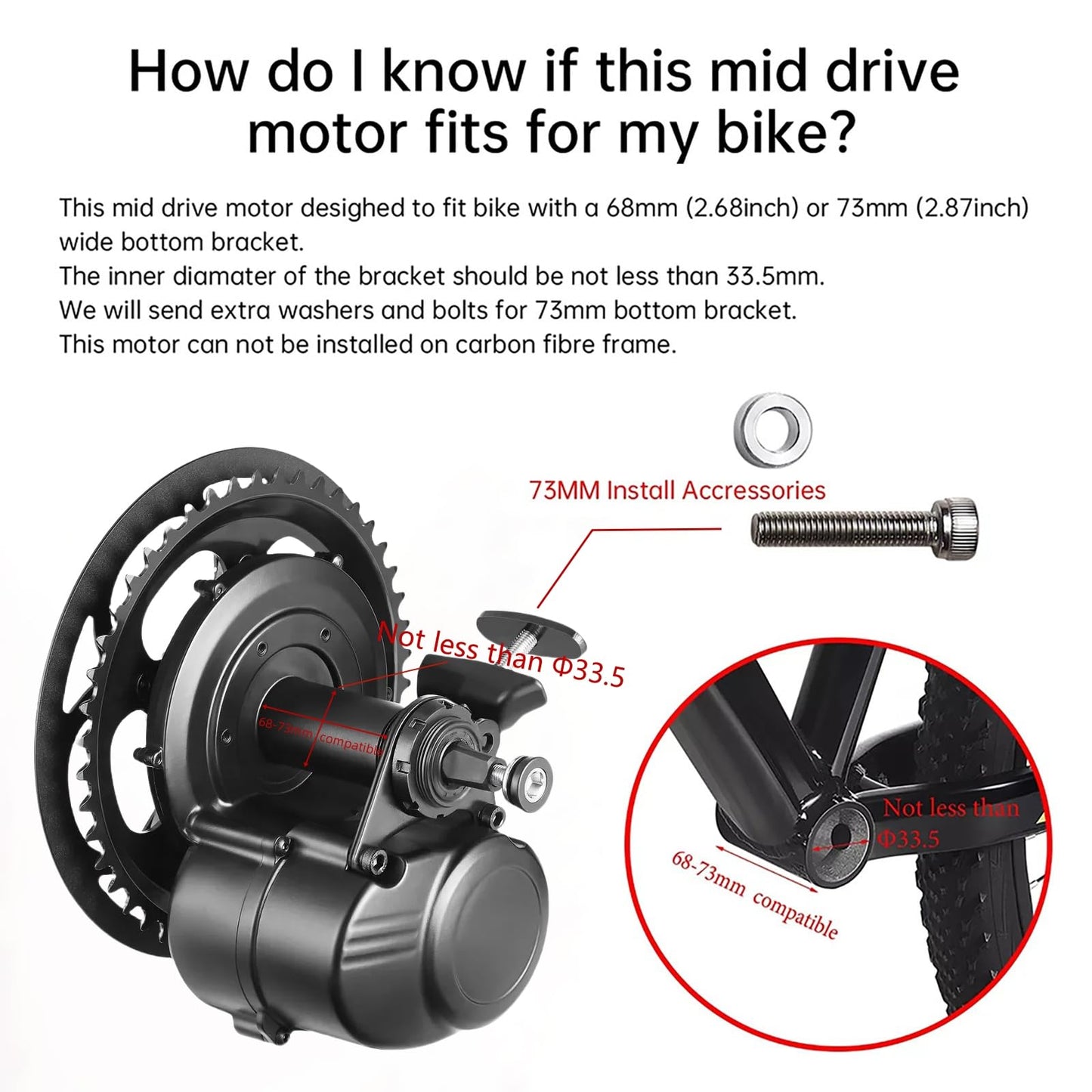 TOSEVEN DM02 Ebike Motor Kit 48V 500W Mid Drive Motor Electric Bicycle Brushless Torque Sensor DIY Conversion Kit for 68/73mm Bottom Bracket Bike
