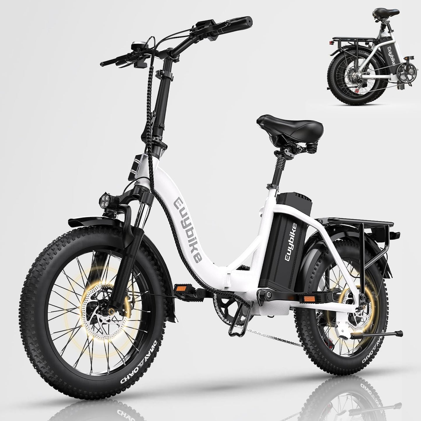 Folding Electric Bike for Adults with Peak 1000W Motor, 48V 20AH Battery up to 30MPH 80 Miles, 20" Fat Tire All Terrain Ebike, Front Suspension 7-Speed Commuter Step-Thru E Bike White, UL Certified