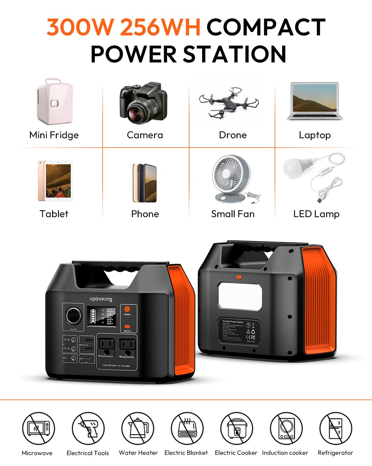 Apowking Portable Power Station 300W Rated(600W Peak), 256Wh LiFePO4 Battery, Solar Powered Power Bank with 2 AC Outlet 110V Pure Sine Wave, Solar Generator for Home Outdoor Camping Emergency