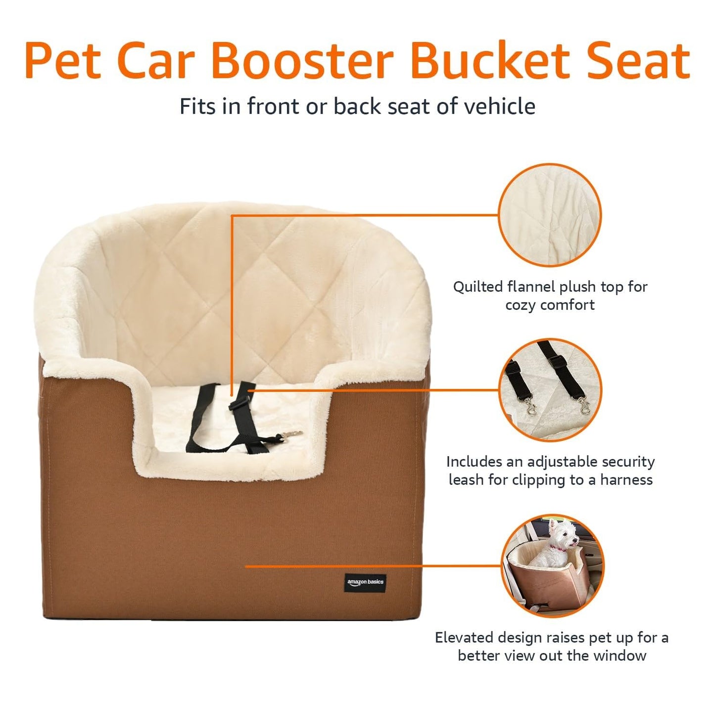 Amazon Basics Pet Car Booster Bucket Seat for Small Pets up to 25lbs, Machine Washable Cover, Clip-On Safety Leash, 18" x 18" x 16", Tan