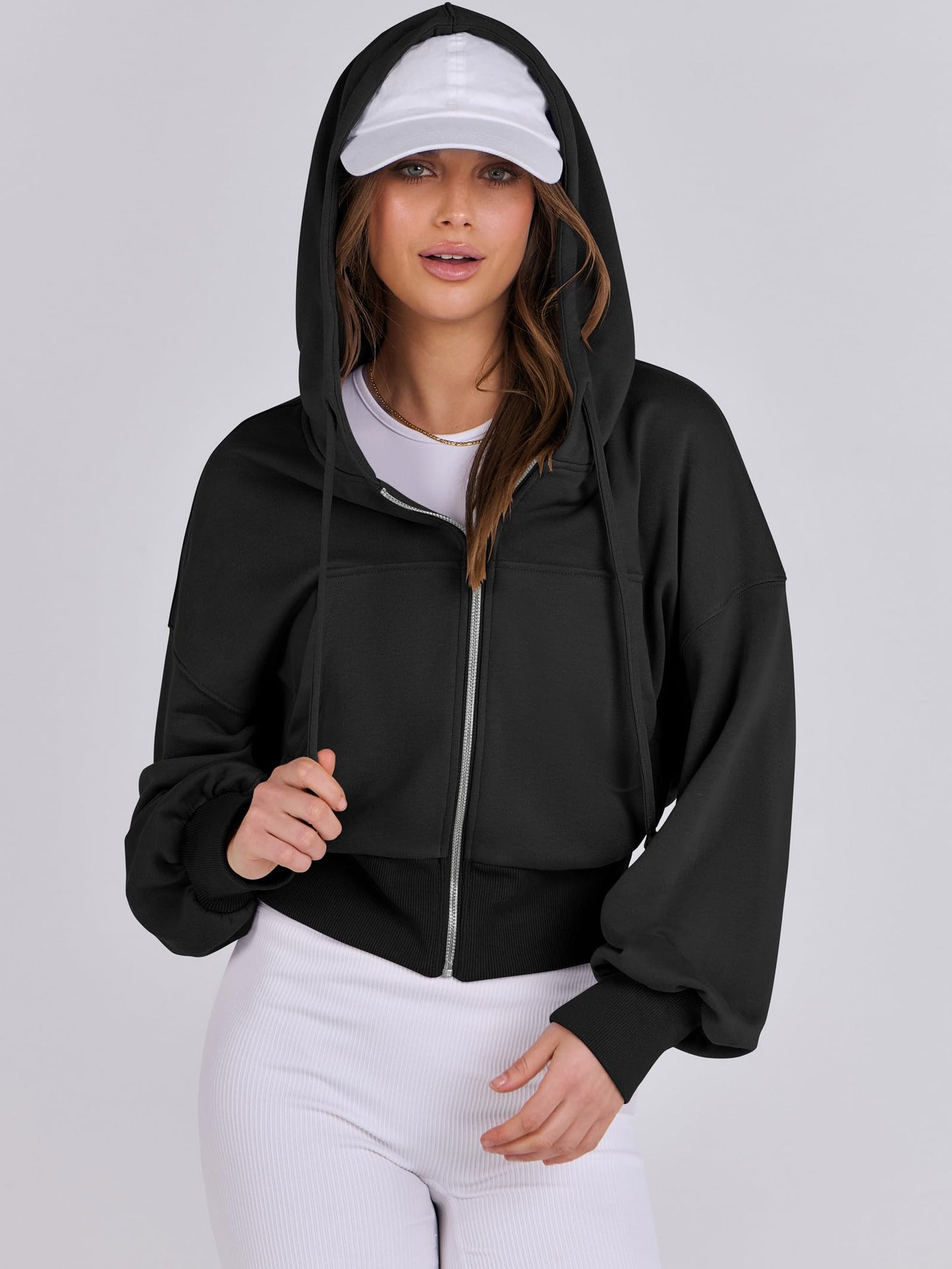 ANRABESS Women's Zip Up Hoodies Cropped Sweatshirts Full Zip Jackets 2024 Casual Fashion Fall Outfits Winter Clothes Black Medium