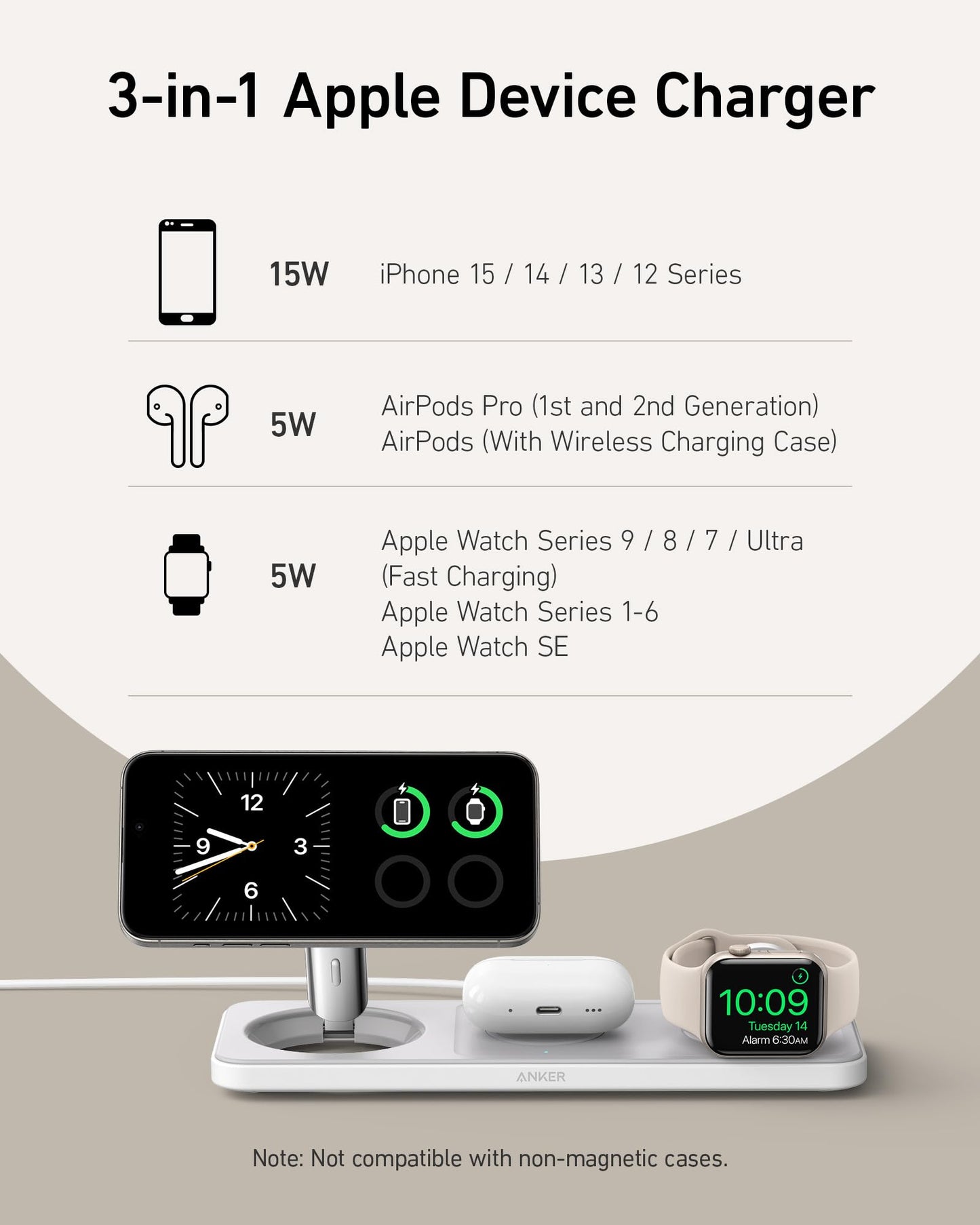 Anker iPhone 16 Foldable 3-in-1 Wireless Charging Station, Qi2 Certified 15W Ultra-Fast MagSafe-Compatible Wireless Charger, for iPhone 15/14 Series, AirPods, Apple Watch (USB-C Charger Included)
