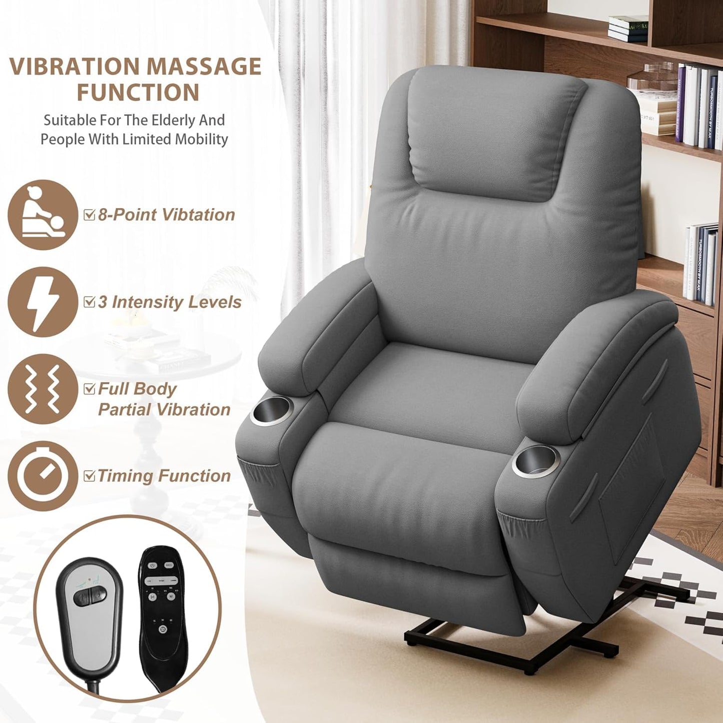Flamaker Power Lift Recliner Chair with Massage Ergonomic Recliner Chair for Elderly People, Single Sofa with Cup Holders, Side Pockets