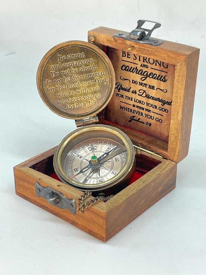 Antique Brass Compass Gift, Pocket Sundial Compass with Engraved Quote Be Strong and Courageous Perfect Compass Gifts for Men, Vintage Nautical Compass