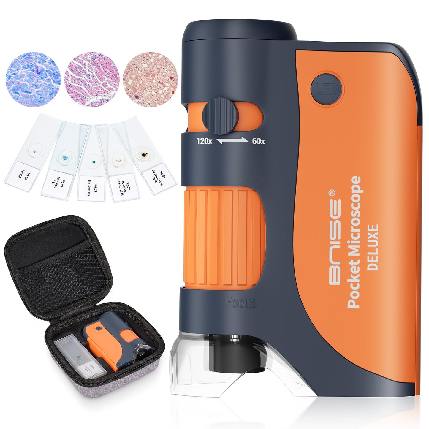 BNISE Pocket Microscope, Portable Handheld Mini Microscope Kids 60X-120X with 5 Microscope Slides and Carrying Case for Microbiological Observation Lab Study Educational