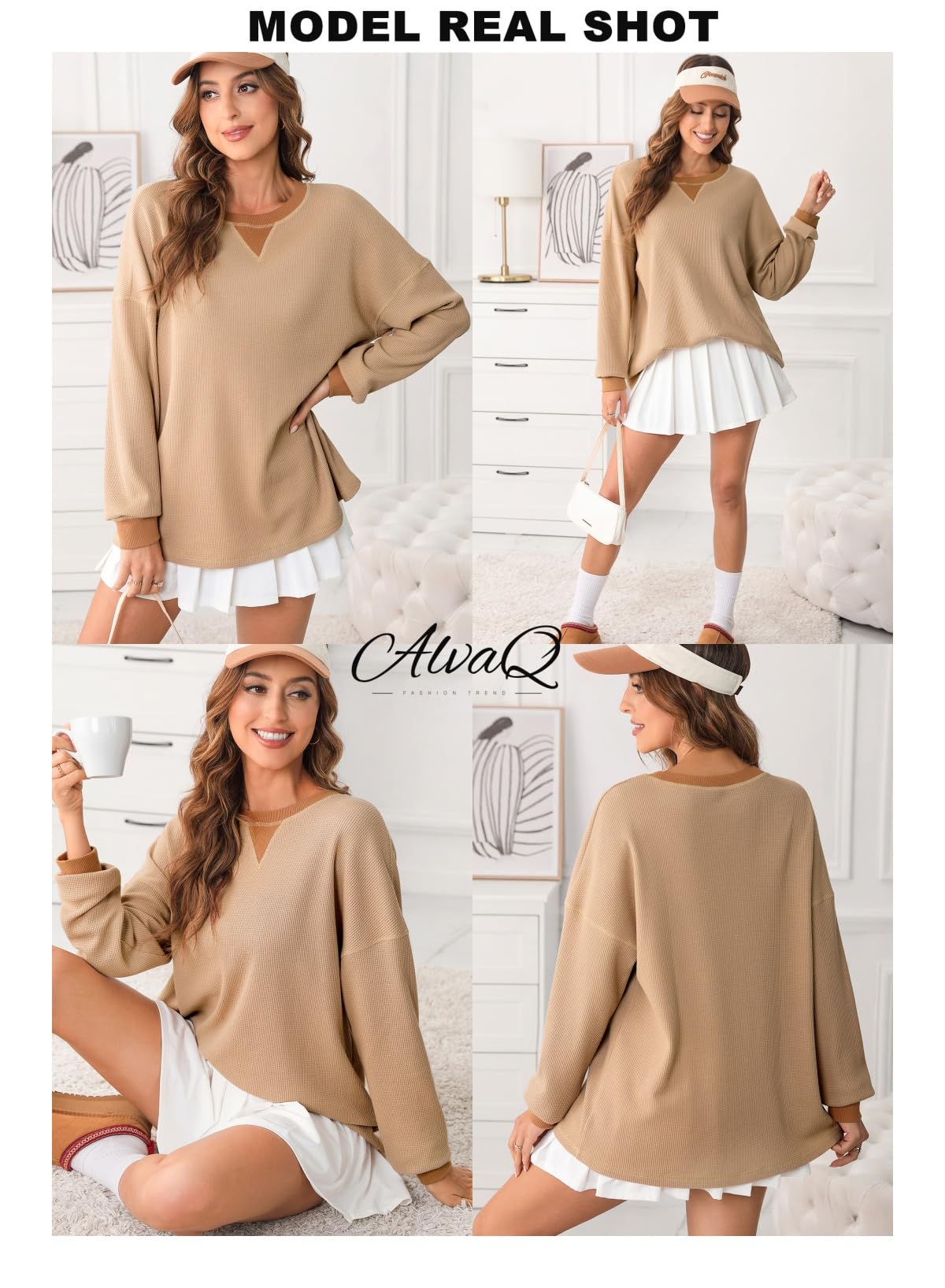 AlvaQ Sweatshirts for Women 2024 Casual Waffle Knit Tops Shirts Long Sleeve Drop Shoulder Oversized Sweatshirts Fall Fashion Outfits Khaki Large