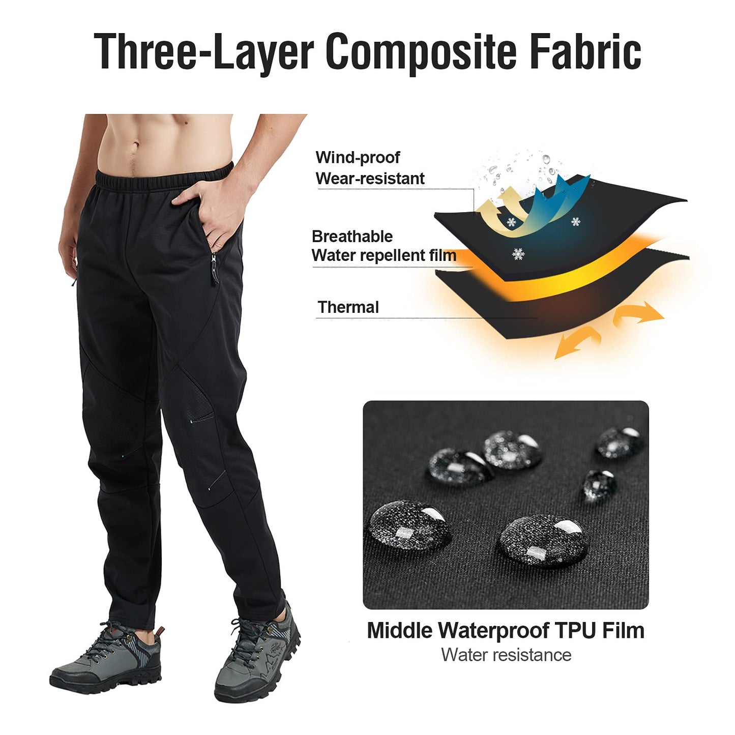STRETCHUP Men's Winter Outdoor Waterproof Hiking Mountain Bike Pants,Mens Fleece Lined Thermal Cycling Running Pants (Black, XXL)