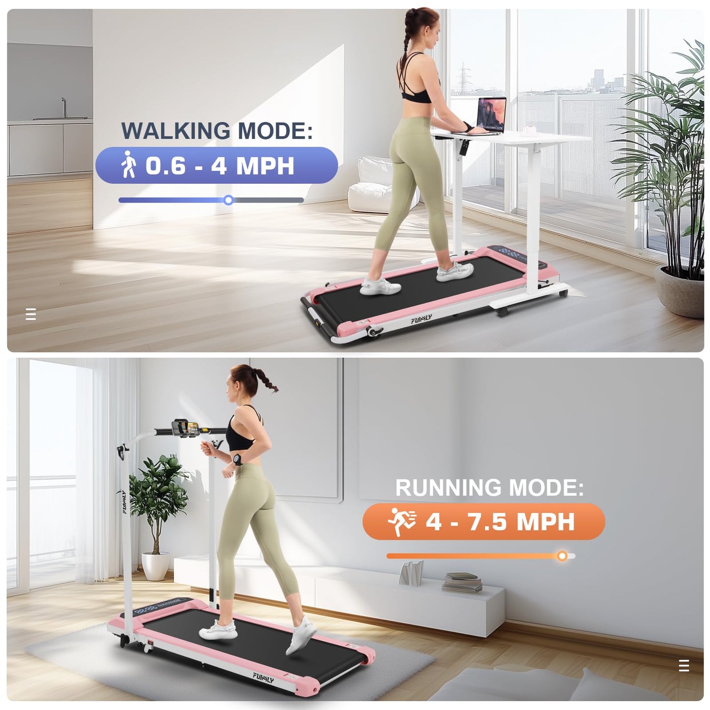 FUNMILY Folding Treadmill with Handles, Foldable Walking Pad Treadmill with Incline and Adjustable Handrails, 3 in 1 Under Desk Treadmills for Home 300 lb Capacity, Running Machine with Handle Bar