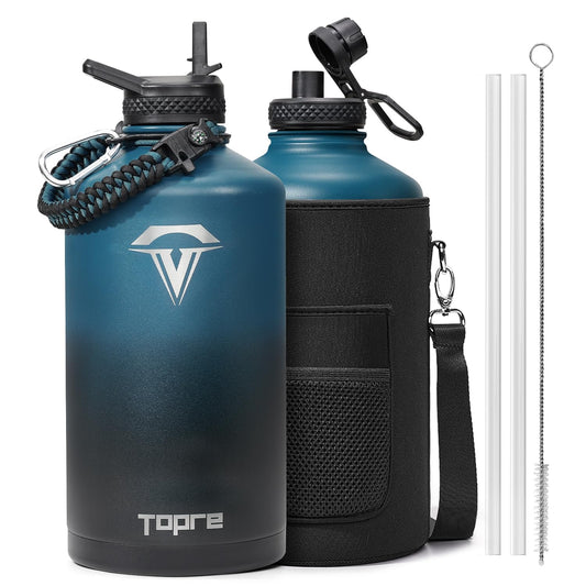 Topre One Gallon Water Bottle,128oz Insulated Flask Stainless Steel Vacuum, Cold for 48 Hrs,BPA-Free & Leakproof -with Paracord Handle,Strap,Straw Spout Lids,Large Jug for Gym Sports,Indigo Black