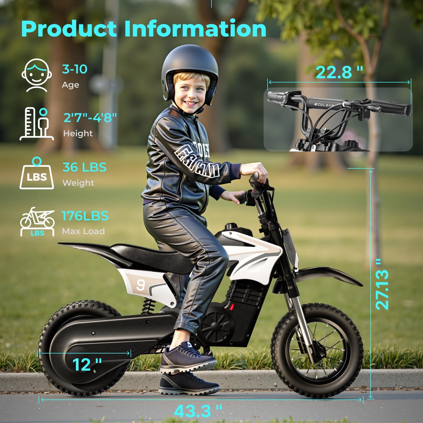 ECOLEAP 36V Kids Electric Dirt Bike 700W Peak Motorcycle,16MPH Fast Speed 10Mile Long-Range,3-Speed Modes Electric Bike for Kids Ages 3-10