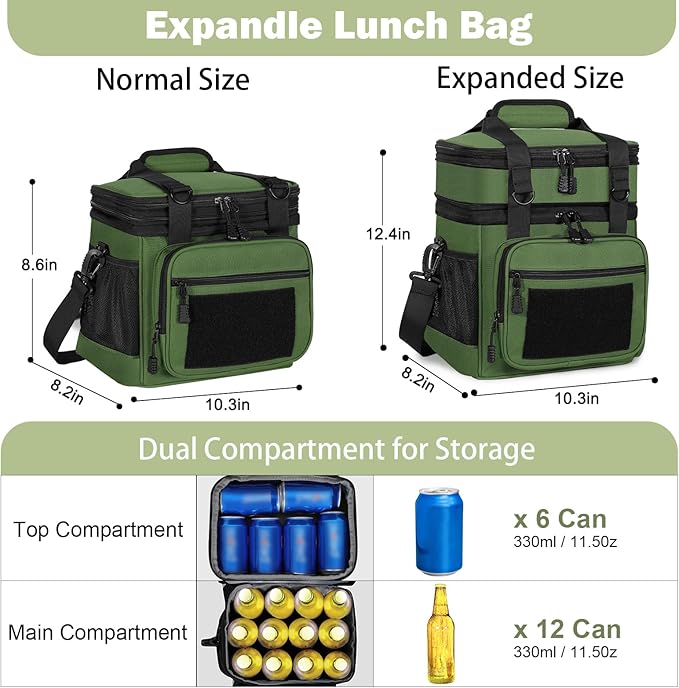 Double Deck Insulated Lunch Box, Expandable Large Lunch Bag Leakproof Cooler Bag Lunch Pail for Men Women Adults Work Shifts Travel Daytrip,16L,Army Green