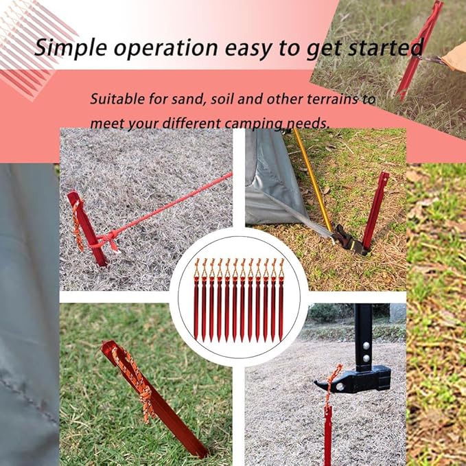 Tent Stakes,Camping Stakes,7-in Ground Pegs with Reflective Pull Ropes, Tri-Beam Stakes in a Carrying Bag, for Camping, Backpacking, Hammocks and Canopy,Aluminum Tent stakes12 Pack