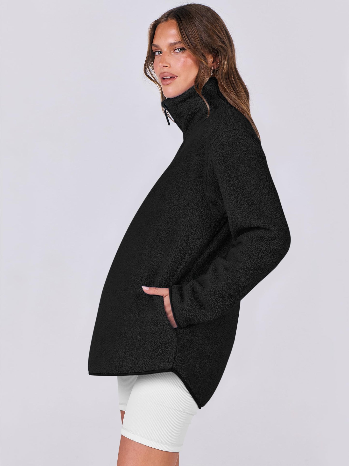 ANRABESS Women Oversized Sherpa Fleece Half Zipper Sweatshirts Fuzzy Collared Quarter Zip Pullover 2024 Fall Winter Clothes Black Small