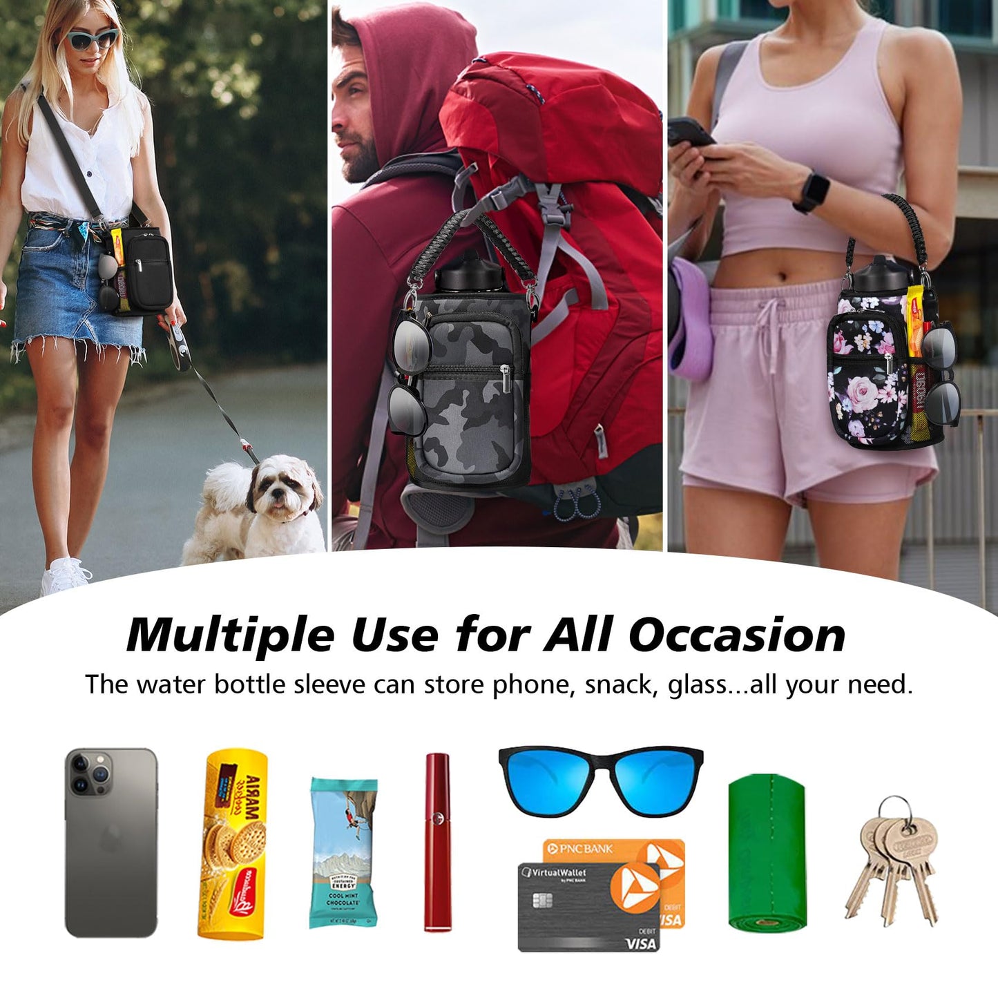 AceTreker 128 oz Water Bottle Sleeve, Neoprene One Gallon Water Bottle Carrier with Strap & Paracord Handle, Sport Bottle Holder Sling Bag with 5 Pockets for Travelling, Walking, Camping-Black