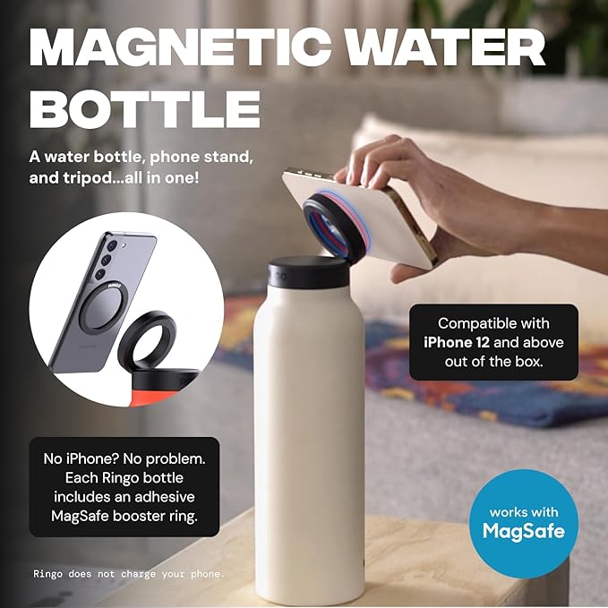 Ringo Insulated Water Bottle - Compatible MagSafe Water Bottle w/Phone Holder - Stainless Steel School Water Bottle w/Magnetic Phone Mount for Kids & Adult-Hot 12H, Cold 24H 360° Rotate - Black 32oz