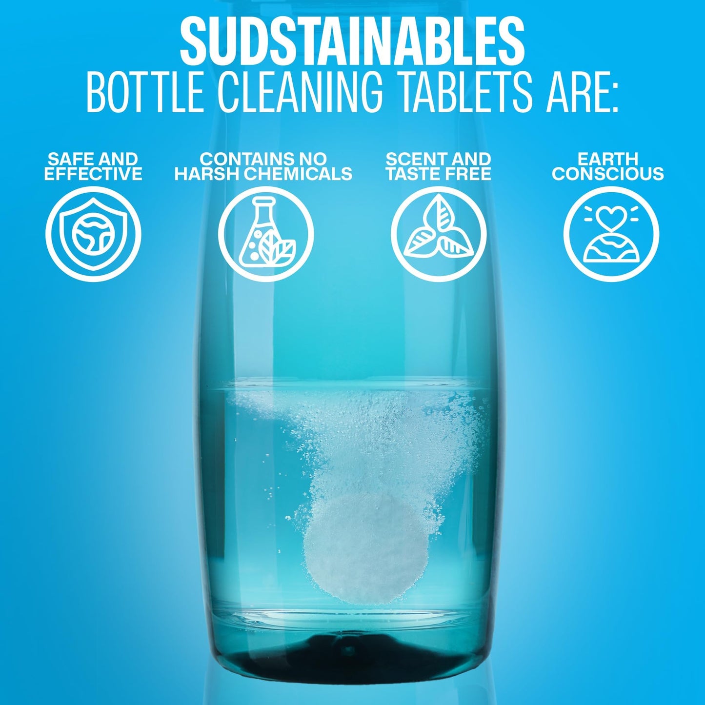 Sudstainables Water Bottle Cleaning Tablets – 36-Pack, Chlorine-Free and Odorless Cleaner for Hydration Bladders, Stainless Steel, Tumblers, and Glass Bottles - Removes Stubborn Stains and Odors