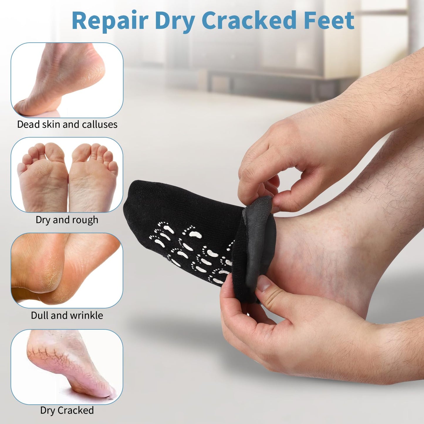Aluroice Silicone Moisturizing Socks for Men - 2 Pairs Soft Foot Care Socks - Large Size Feet Moisturizing Socks for Dry Cracked Feet (Size M)