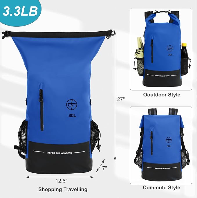 UPWELL 31L Waterproof Dry Bag Boating Backpack for Travel Hiking Camping Kayaking Hiking Swimming Floating Submersible Dry Bag blue