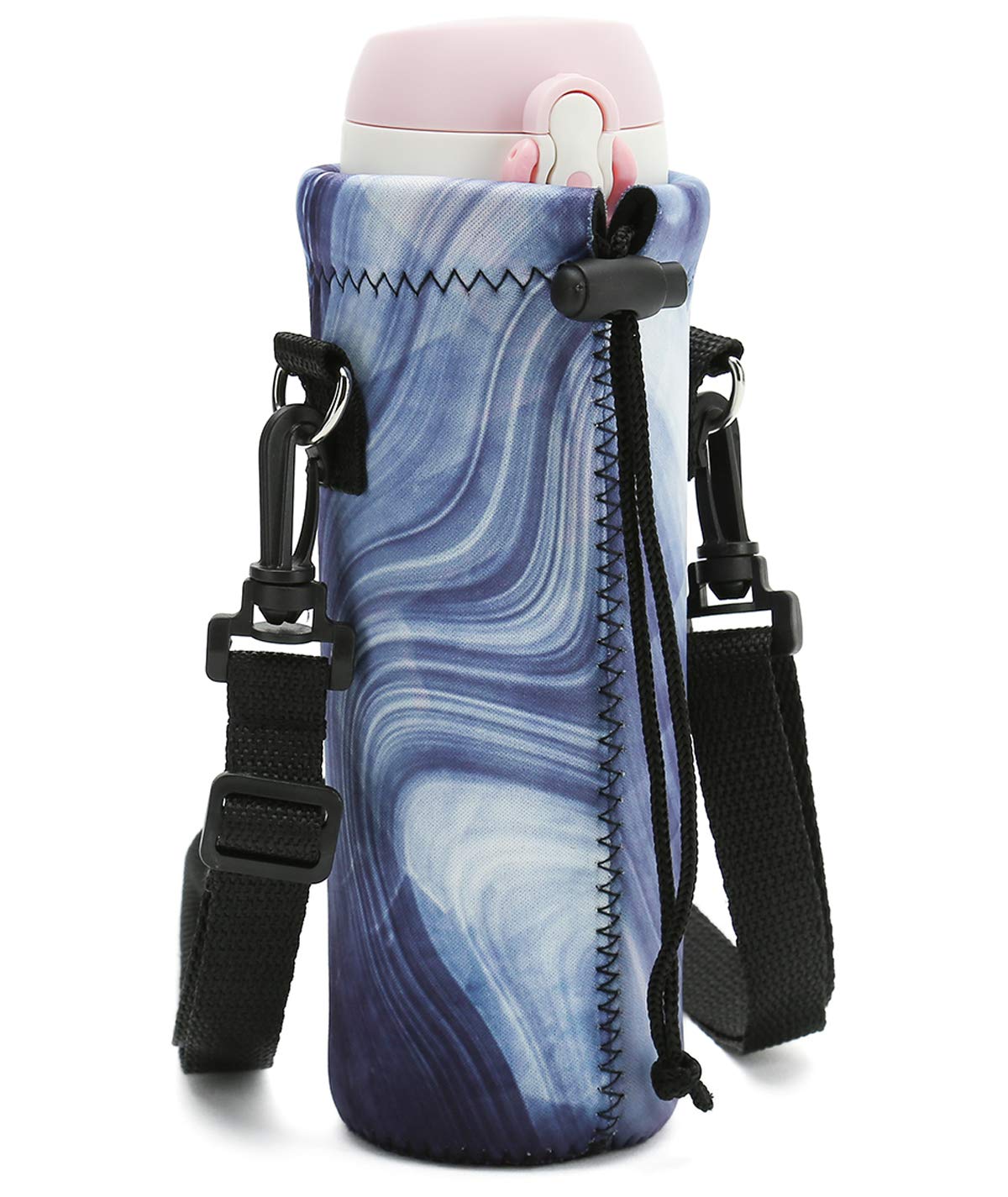 RICHEN Neoprene Water Bottle Carrier Bag with Adjustable Shoulder Strap,Insulated Water Bottle Cover for 500ml/16oz Stainless Steel/Glass/Plastic Bottles (Blue Marble,500ML)