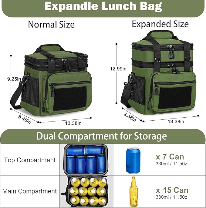 Double Deck Insulated Lunch Box, Expandable XLarge Lunch Bag Leakproof Cooler Bag Lunch Pail for Men Women Adults Work Shifts Travel Daytrip,22L,Army Green