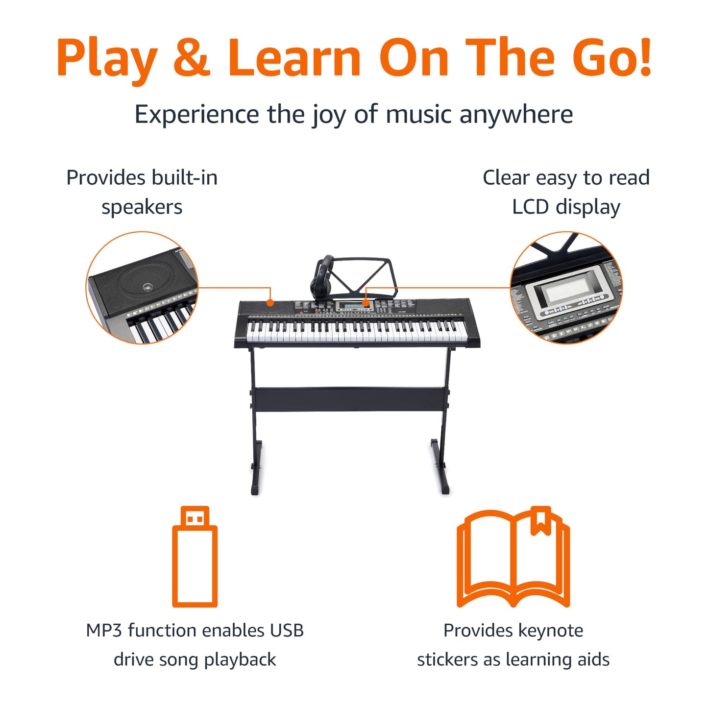 Amazon Basics Electric Keyboard Piano with 61 Keys, Built-in Speakers, Songs for Learning, Black