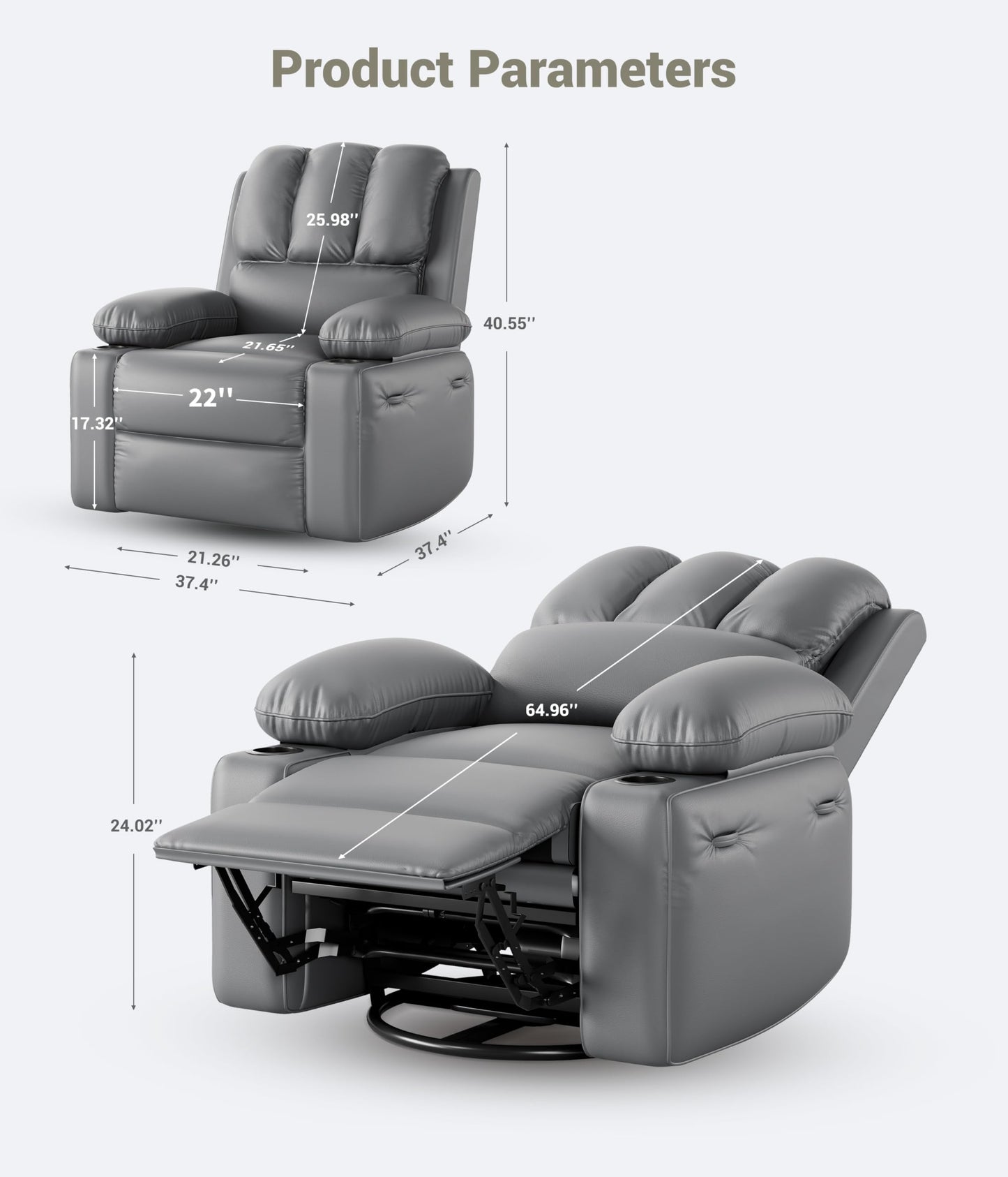 Garvee 22'' Recliner Chair for Adults, Manual Recliner with 1.5X Sponge Filling, PU Leather Single Sofa with Cup Holders and Side Pockets, for Nursery, Living Room, Bedroom, Light Grey