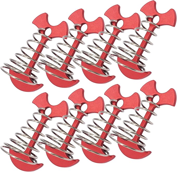 8 pcs Aluminium Alloy 2.6 inch Fishbone Tent Stakes Deck Anchor Pegs with Spring Rope Buckle Hook Cord Adjuster Tensioner Kit for Camping on Wood Platform Red